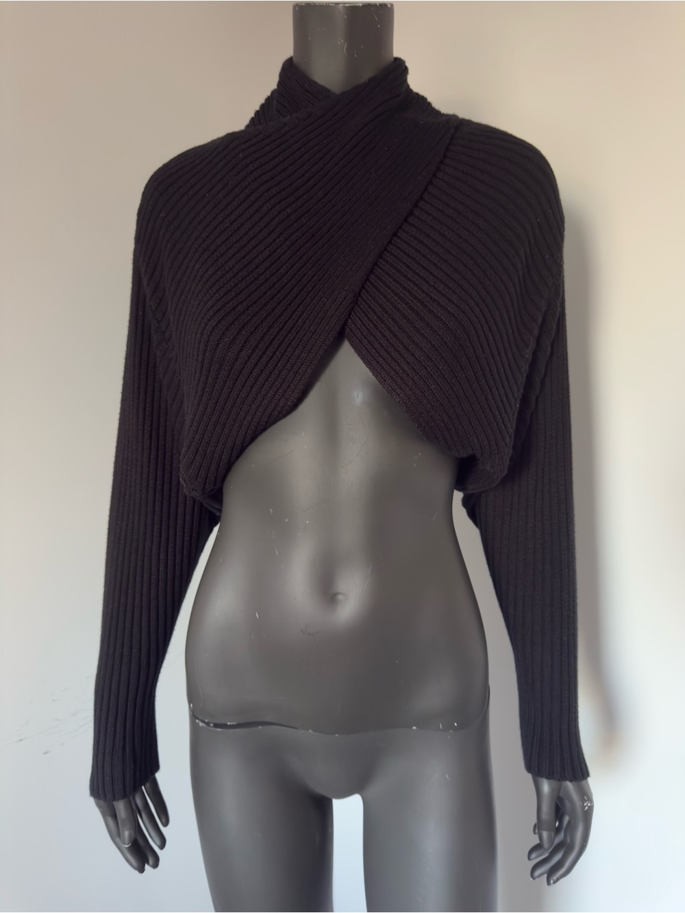 525 America Black Ribbed Cross Front Bolero Shrug Sweater XS/S